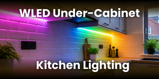British kitchen with under cabinets colourful WLED lighting