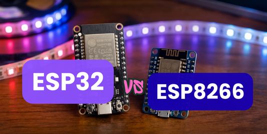 esp32 and esp8266 boards wiht colourful led strip at the background